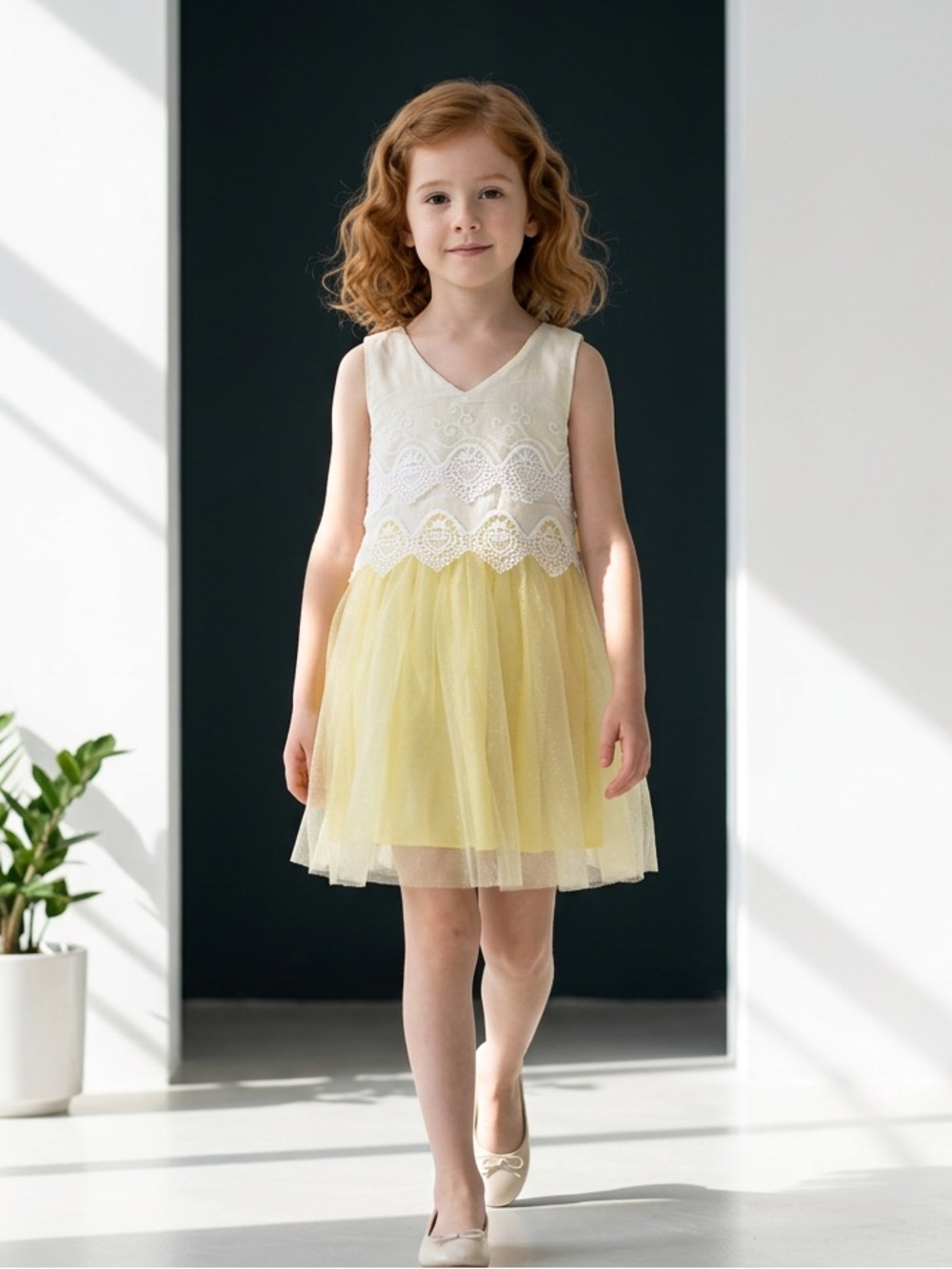 NWT Doe A Dear Little Girl Yellow Lace Tulle aSleeveless Dress - Size 6